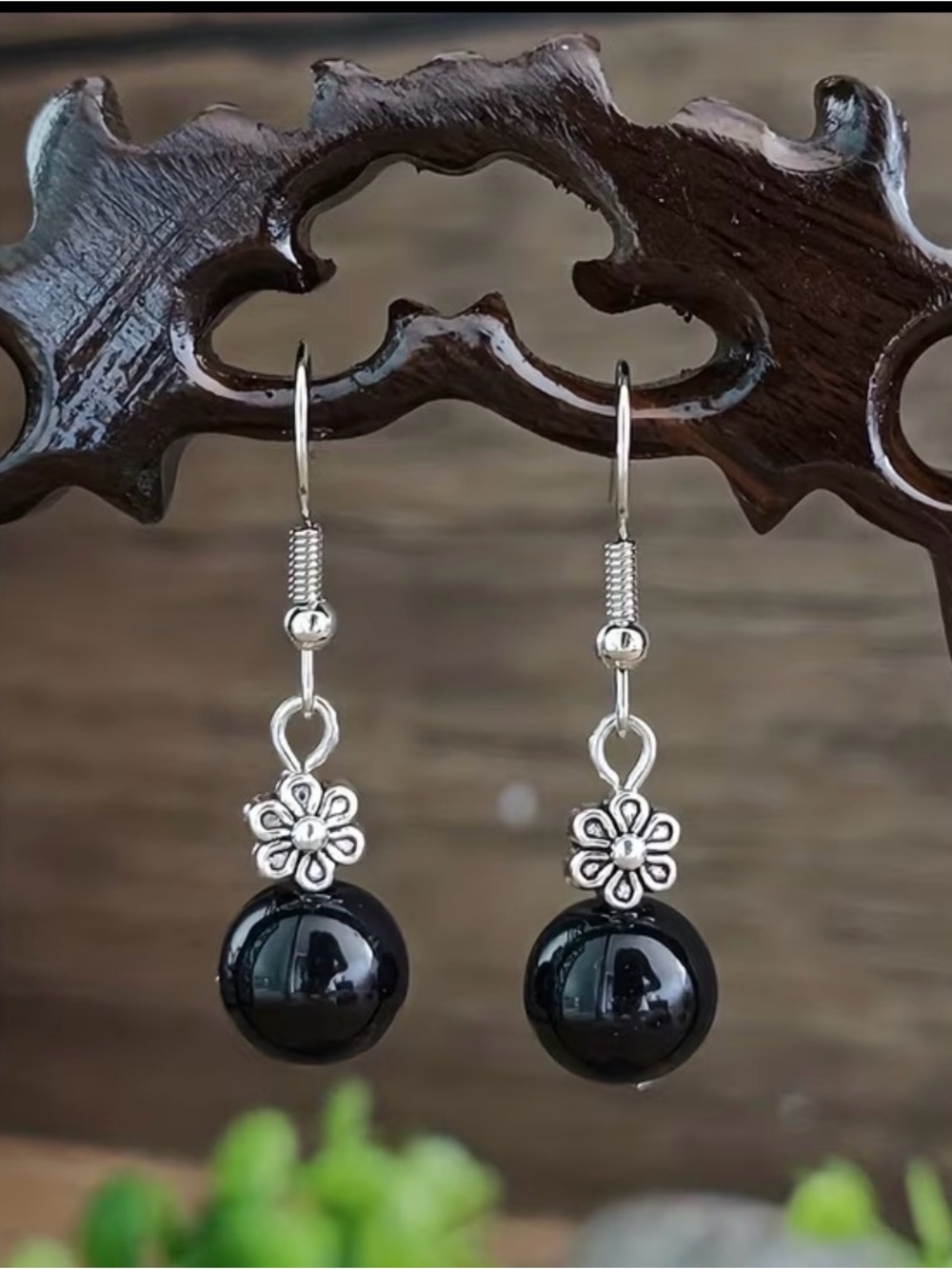 Black & Silver Drop Earrings With Flower Accents